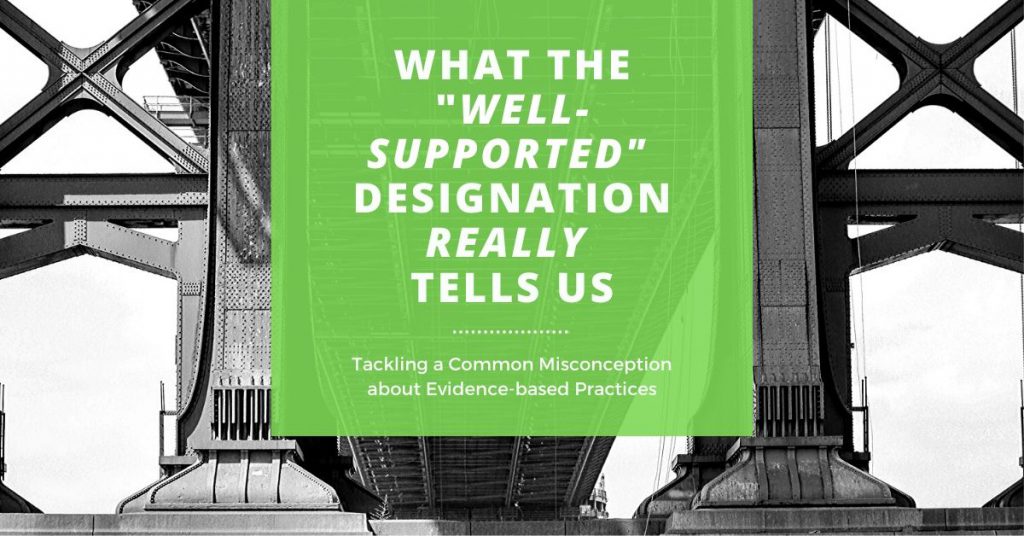 Black and white image of bridge supports with text: "What the 'Well-supported' designation really tells us. Tackling a common misconception about evidence-based practices.
